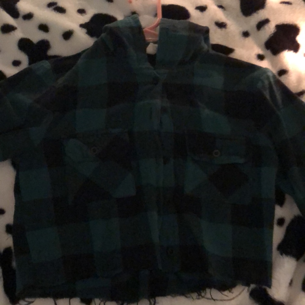 GREEN AND BLACK CROPPED HOODED FLANNEL